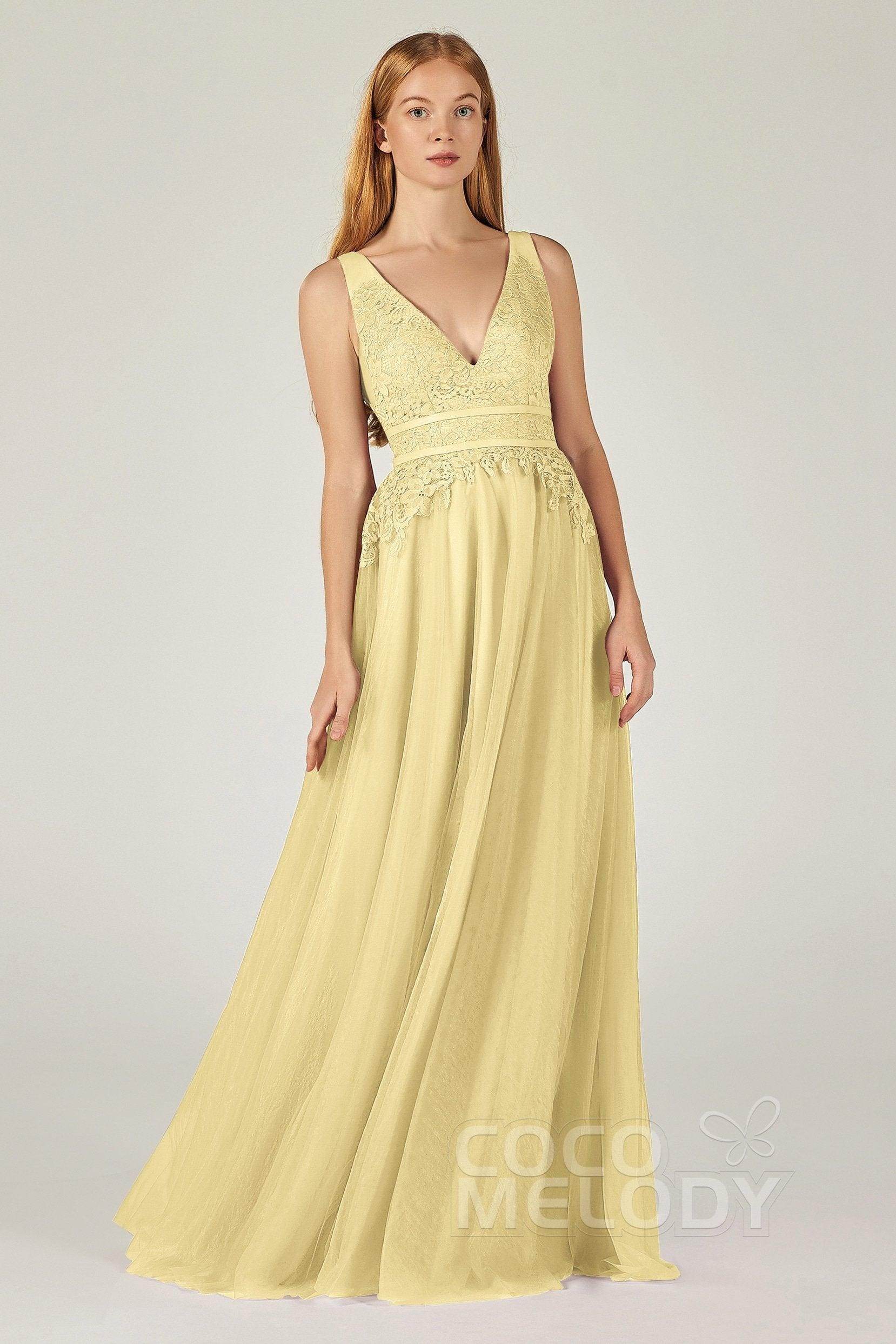 A-Line Floor Length Tulle Lace Bridesmaid Dress CB0379 - COCOMELODY